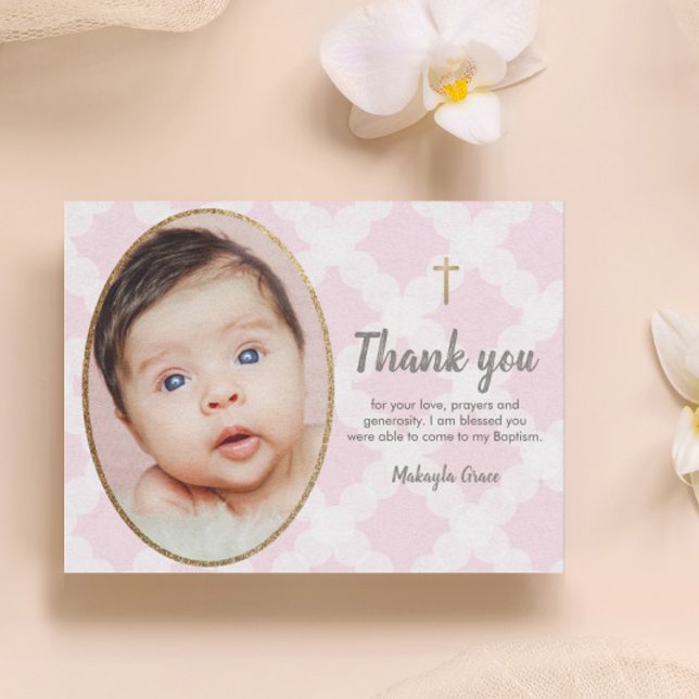 Postal Elegante foto de bautizo de bebé niña en rosa y do (Baby photo Baptism thank you pink and white gold cross postcard.)