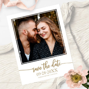 Postal Elegante Foto de Boda con Letra Dorada para Guarda