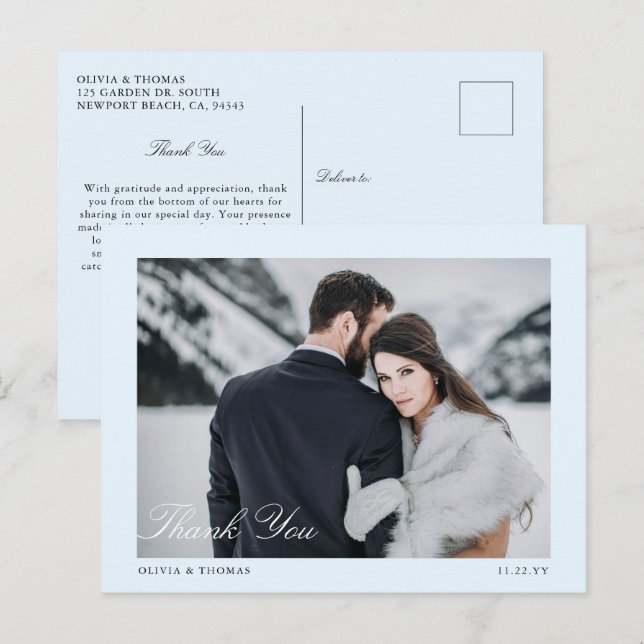 Postal Elegante foto de Boda de Invierno Azul Hielo Graci (Anverso / Reverso)