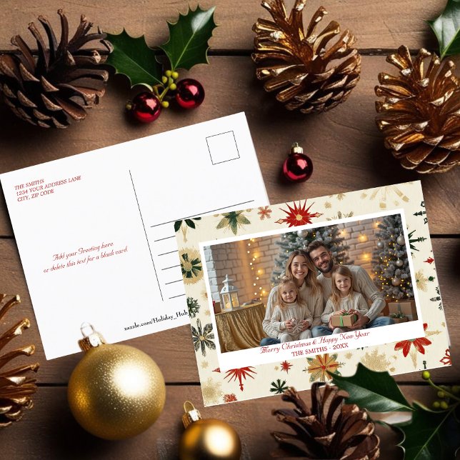 Postal Elegante foto del feriado de copas de nieve de oro (Elegant Gold Snowflakes Holiday photo Postcard)