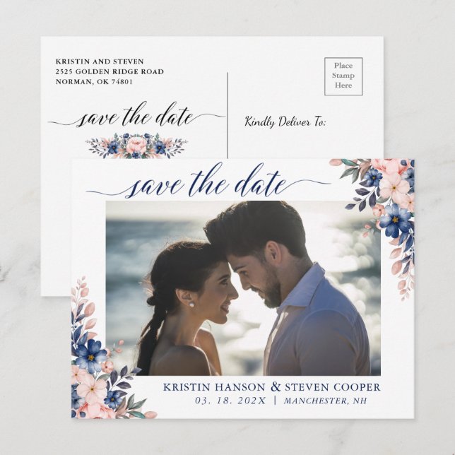Postal Elegante foto floral azul de la Marina de Peach Sa (Anverso / Reverso)