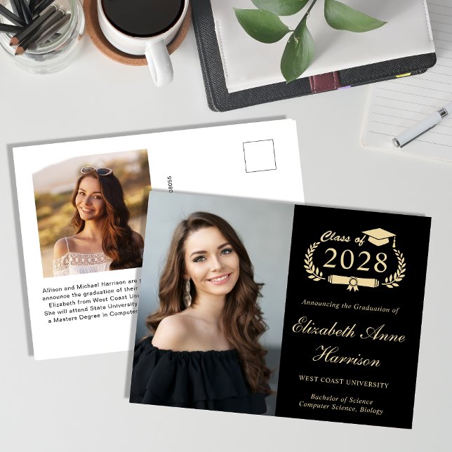Postal Elegante foto graduación de oro negro (Our user-friendly template makes it a breeze to upload your photo and personalize your announcement)