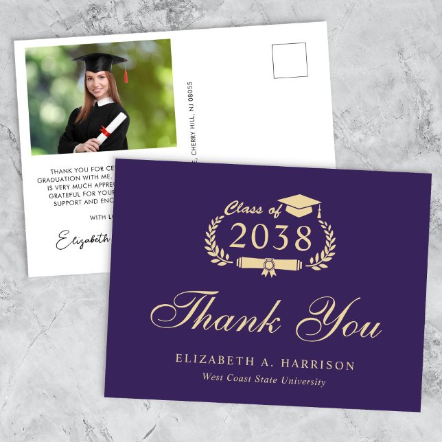 Postal Elegante foto Graduación de Oro Púrpura Gracias (An elegant photo graduation thank you card to show gratitude to friends and family for their support)