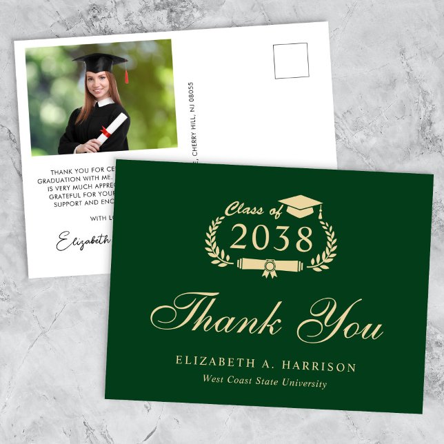 Postal Elegante Foto Graduación de Oro Verde Gracias (An elegant photo graduation thank you card to show gratitude to friends and family for their support)