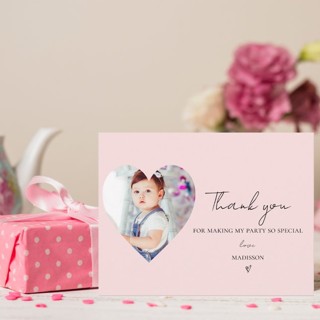 Postal Elegante foto minimalista Primer cumpleaños Gracia (Minimalist Elegant Photo First Birthday Thank you Postcard)