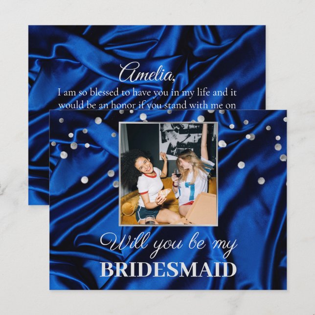 Postal Elegante foto Royal Blue Will You Be My Bridesmaid (Anverso / Reverso)