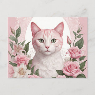 Postal Elegante gato floral con Rosas vibrantes y lirios
