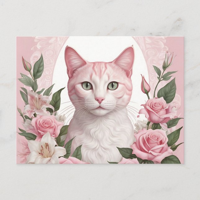 Postal Elegante gato floral con Rosas vibrantes y lirios (Anverso)