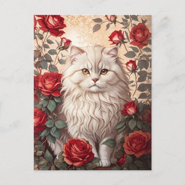 Postal Elegante gato persa con Rosas (Anverso)