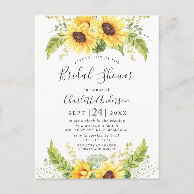 Postal Elegante girasol Eucalyptus Bridal Shower Card (Anverso)