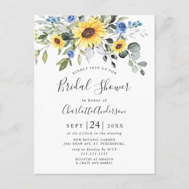 Postal Elegante girasol Eucalyptus Bridal Shower Card (Anverso)