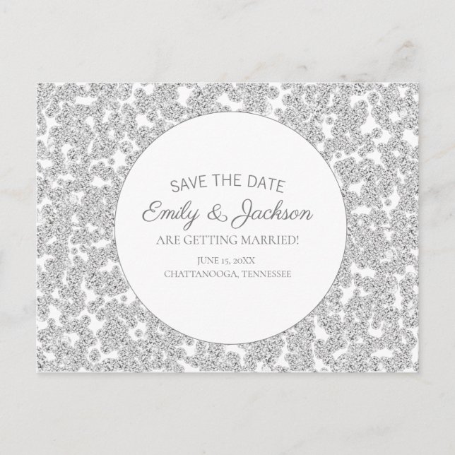 Postal Elegante Glitter de Diamante de Plata Save Date de (Anverso)