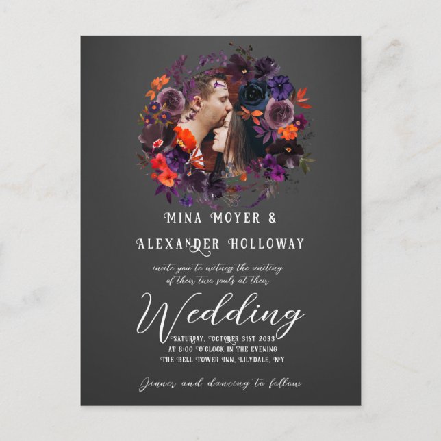 Postal Elegante Gothic Dark Floral Foto Boda QRC (Anverso)