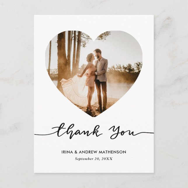 Postal Elegante Gracias Script Heart Photo (Anverso)