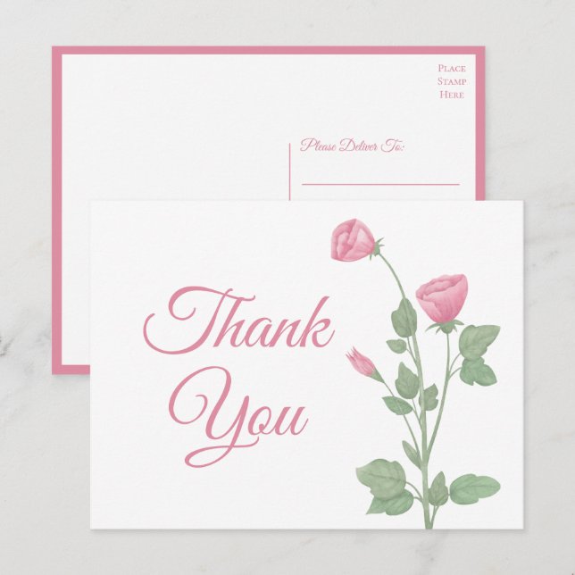 Postal Elegante Gracias Watercolor Primavera Floral Rosa (Anverso / Reverso)