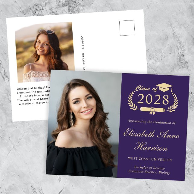 Postal Elegante graduación de la Escuela Purple de Fotogr (An elegant college graduation announcement postcard to celebrate the graduate's achievements)