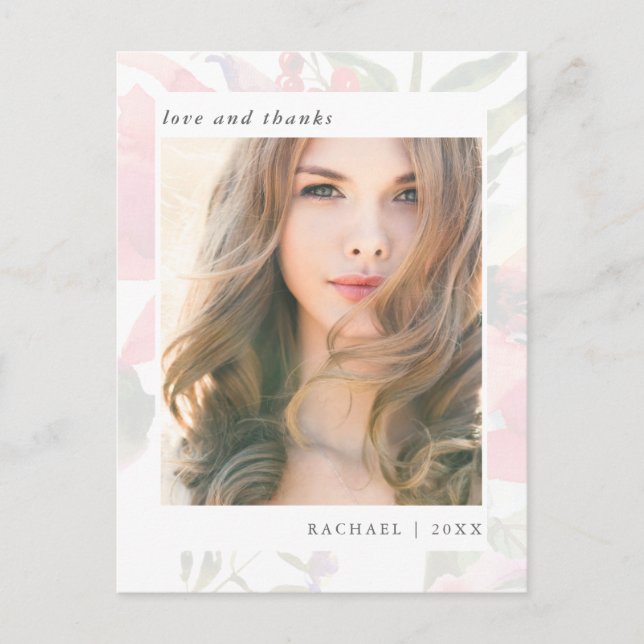 Postal Elegante Graduación Floral Gracias Foto (Anverso)