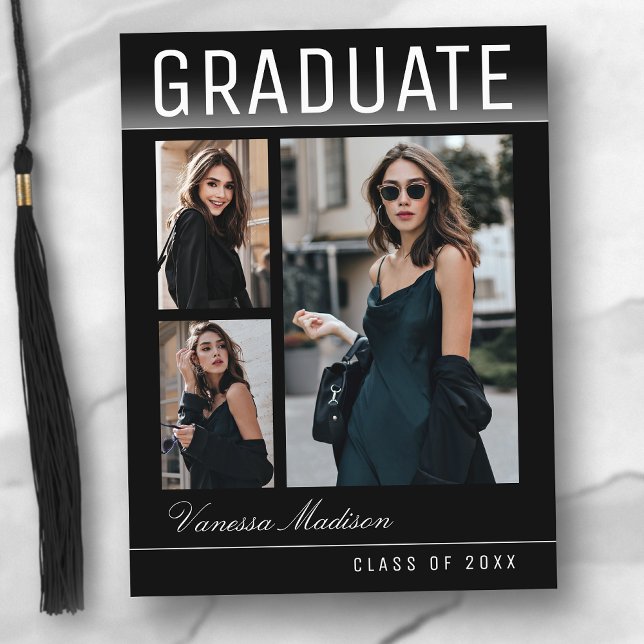 Postal Elegante Graduación Moderna de 3 Collages de fotos (Subido por el creador)