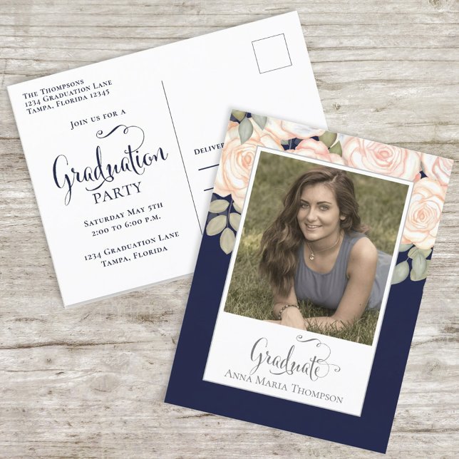 Postal Elegante graduado Floral Moda acuática Marina Azul (Subido por el creador)