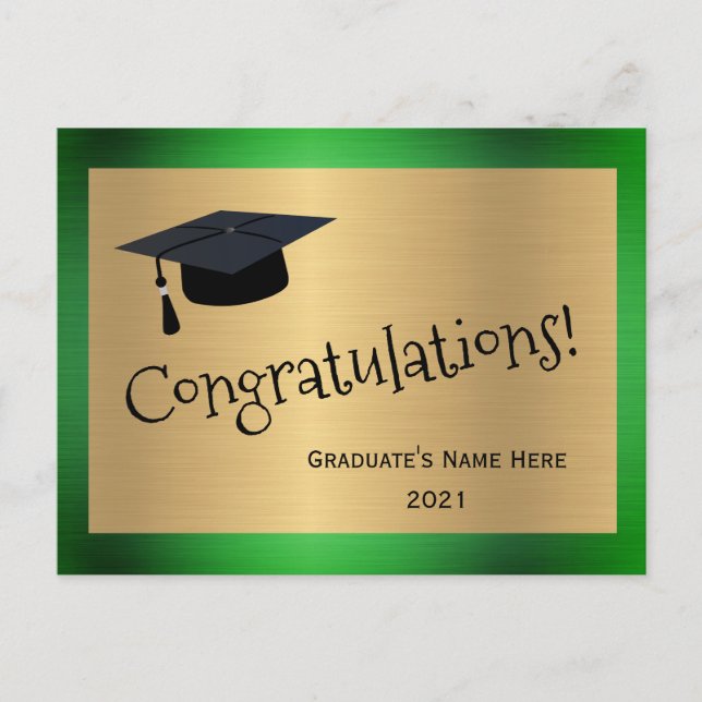 Postal Elegante Green Gold Cap Felicitaciones Graduación (Anverso)