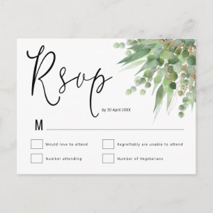 Postal Elegante Green Gold Eucalyptus Script Wedding RSVP