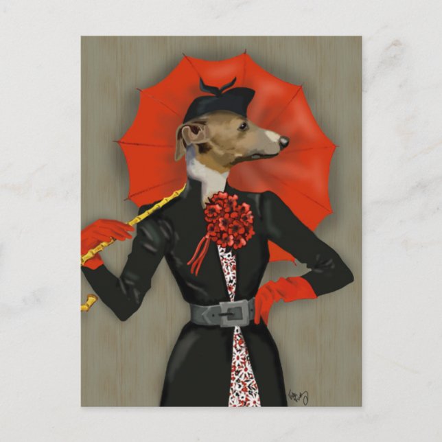 Postal Elegante Greyhound y paraguas rojos (Anverso)