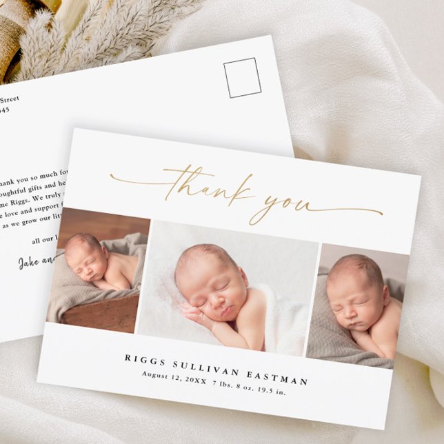 Postal Elegante guión 3 Foto Collage bebé agradecer (Modern elegant gold script 3 photo baby thank you card birth announcement.)