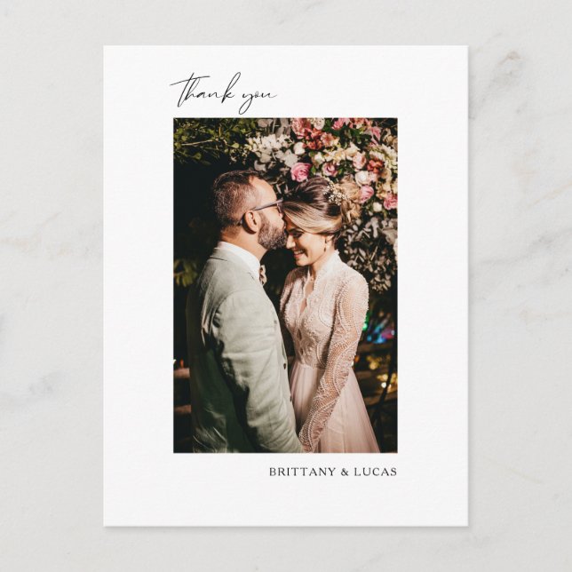 Postal Elegante guión Boda blanco negro gracias (Anverso)