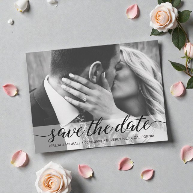 Postal Elegante guión boda moderno foto (Elegant, modern, neutral engagement photo save the date script postcard.)