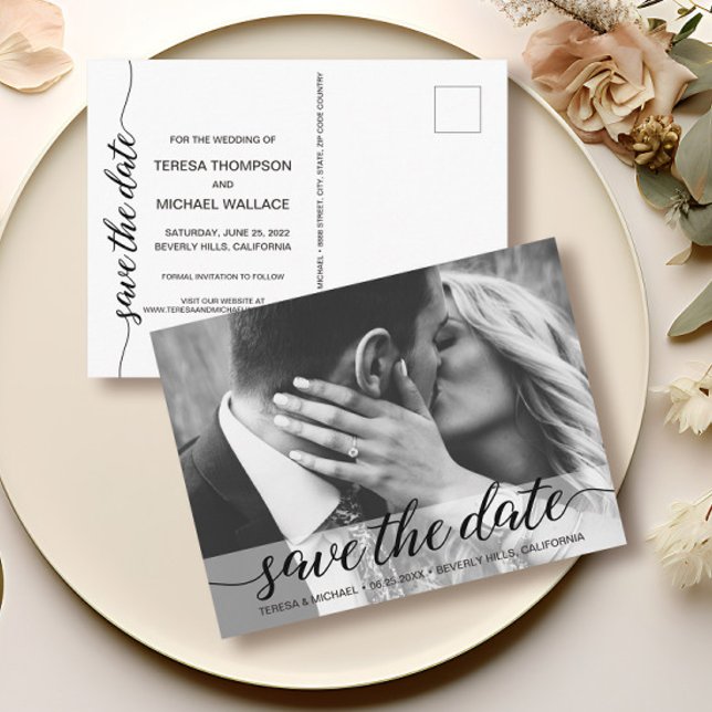 Postal Elegante guión boda moderno foto (Elegant script photo save the date postcard invitation.)
