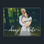 Postal Elegante guión de caligrafía cambia la foto de fec<br><div class="desc">Moderno Y Elegante Guión De Caligrafía Cambia La Postcarta De La Foto De Pareja Pospuesta Por El Boda De Fecha</div>