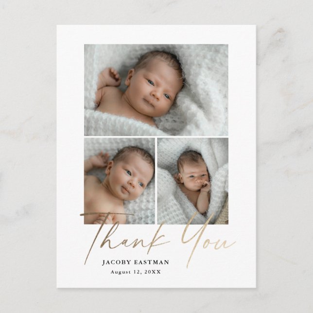 Postal Elegante Guión Dorado 3 Foto Bebé Gracias (Anverso)