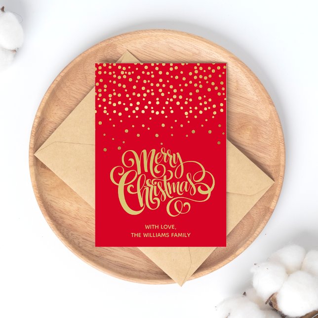 Postal Elegante Guión Dorado y Navidades Rojos Confetti (Subido por el creador)