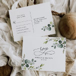 Postal Elegante Guión Eucalyptus Greenery Wedding Rsvp<br><div class="desc">Diseñada para coordinar con nuestra colección de bodas Boho Greenery,  esta postal personalizable Rsvp presenta hojas de eucaliptos de color de agua exuberantes,  junto con un texto gráfico de escritura de caligrafía romántica,  junto con un elegante tipo de letra sans serif y modernos en negro. Elementos coincidentes disponibles.</div>