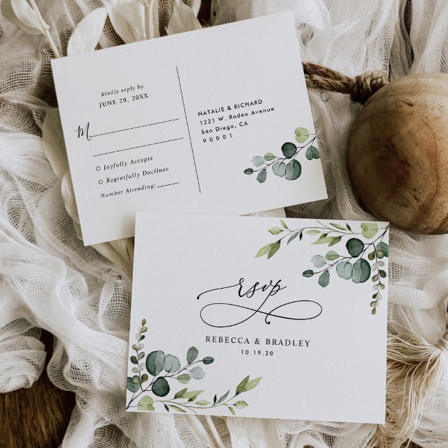 Postal Elegante Guión Eucalyptus Greenery Wedding Rsvp (Subido por el creador)