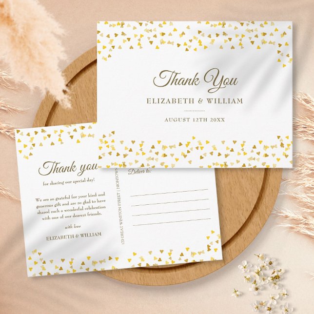 Postal Elegante guión Gracias a Gold Love Hearts Confetti (Subido por el creador)