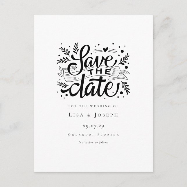 Postal Elegante guión negro y blanco Save the Date (Anverso)