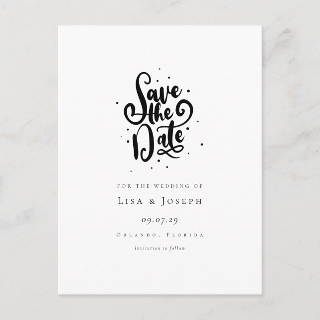 Postal Elegante guión negro y blanco Save the Date (Anverso)