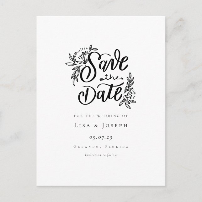 Postal Elegante guión negro y blanco Save the Date (Anverso)