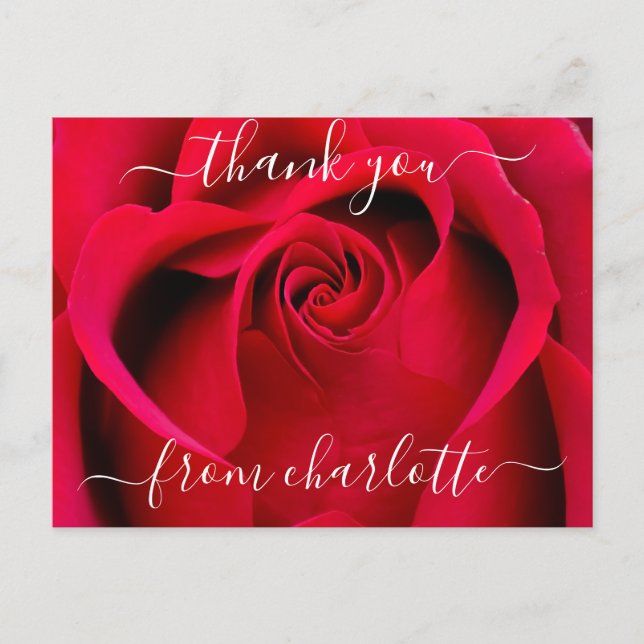 Postal Elegante guión Rosa Roja Floral Gracias (Anverso)