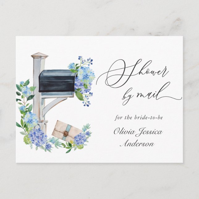 Postal Elegante Hidrangea Azul Bridal Shower Por Correo (Anverso)