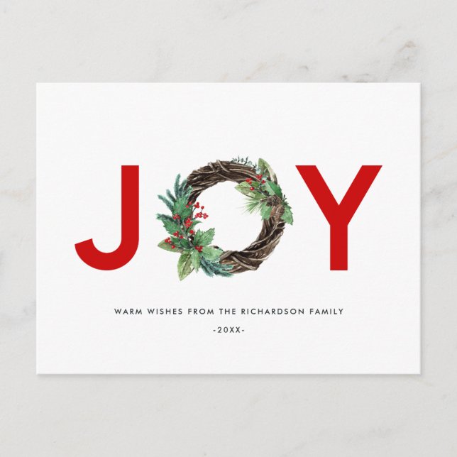 POSTAL ELEGANTE HOLLY BERRY RED GREEN JOY WREATH NAVIDADE (Anverso)