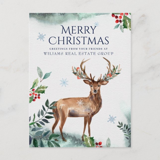 Postal Elegante Holly Deer Navidades Saludo Corporativo (Anverso)