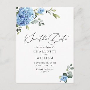 Postal Elegante Hydrangea Azul Boda Guardar la Fecha