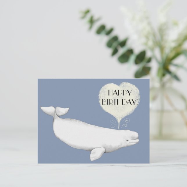 Postal Elegante Ilustracion de ballenas Beluga Feliz cump (Anverso de pie)
