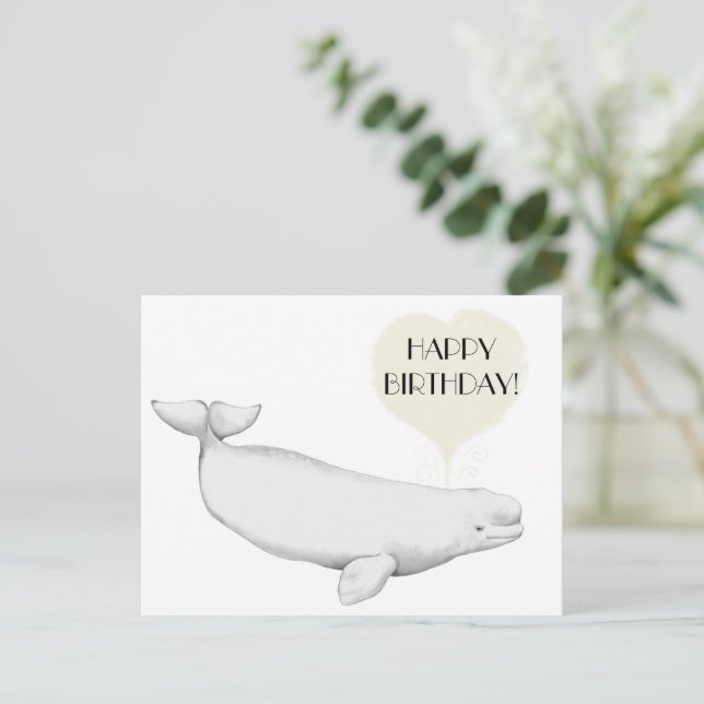 Postal Elegante Ilustracion de ballenas Beluga Feliz cump (Anverso de pie)
