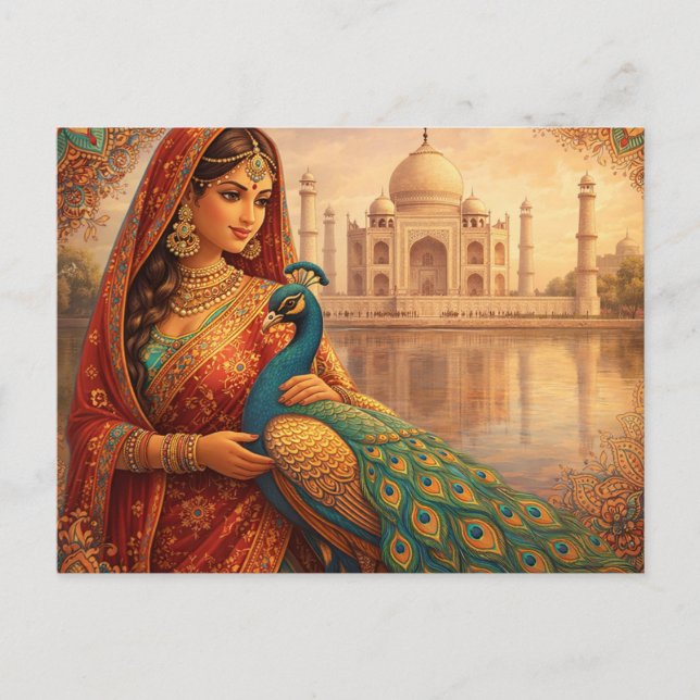 Postal Elegante indische Frau mit prachtvollem Pfau (Anverso)