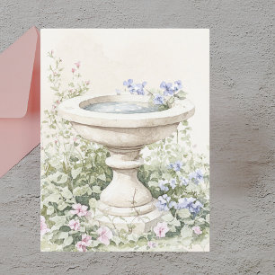 Postal Elegante Jardín de Baño para Pájaros con Acuarela 