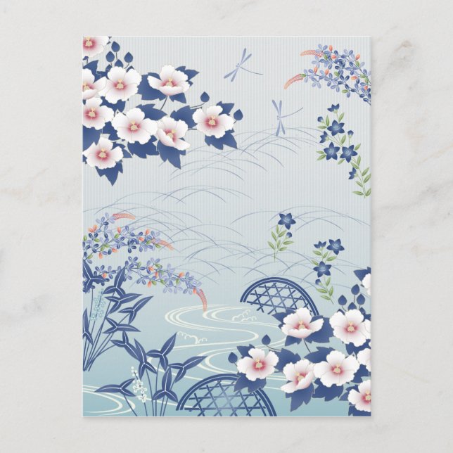 Postal Elegante jardín de flores japonesas azul claro (Anverso)