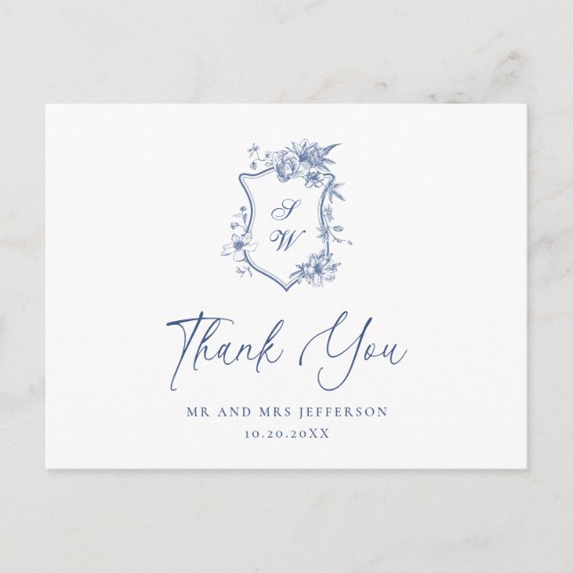 Postal Elegante jardín floral francés azul agradecimiento (Anverso)